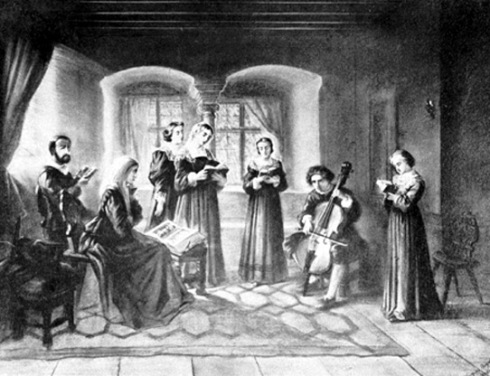 Famille protestante lisant la bible et chantant les Psaumes, vue au XIXe siecle